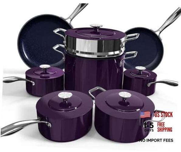 13pc Forged Lightweight Cookware Set PFAS Free, Healthy G10 Eggplant Lux