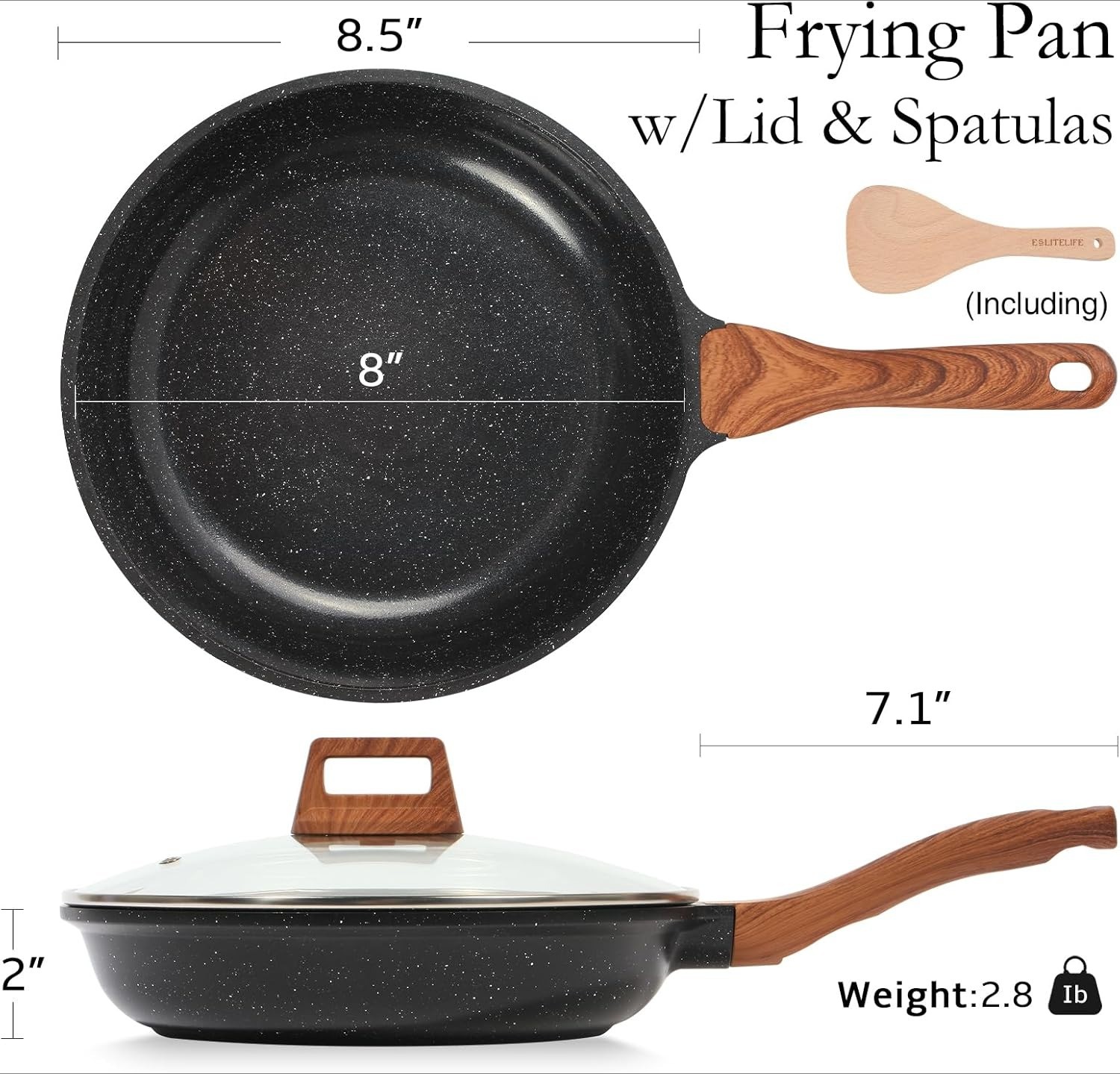 8″ Ceramic Coating Non-Stick Frying Pan Skillet with Lid, Kitchen Cooking Pans