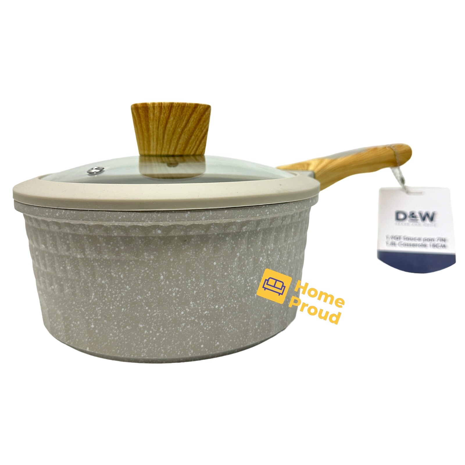 D&W Saucepan Casserole Pot NonStick With Lid 7 inch Small StockPot 1.9 Qt Beige