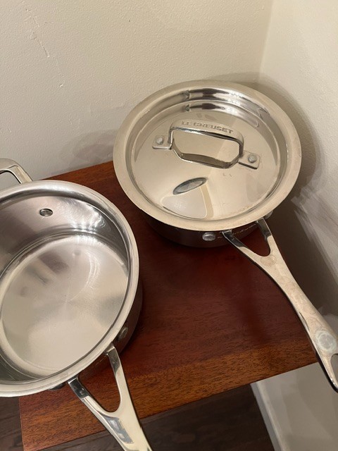 Le Creuset Stainless Steel Cookware 2 Handled Pots & 1 Lid 2 & 1.5 Qts. 3 Pieces