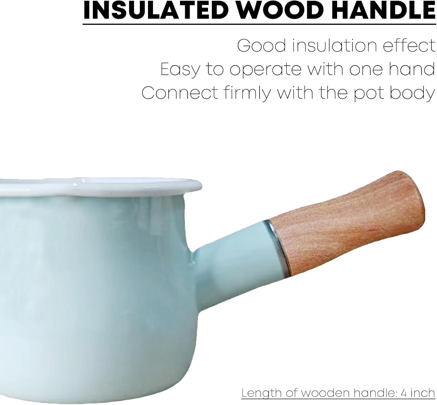 0.6qt Mini Enamel Milk Pot Insulated Wooden Handle 2 Pour Spouts Small Food
