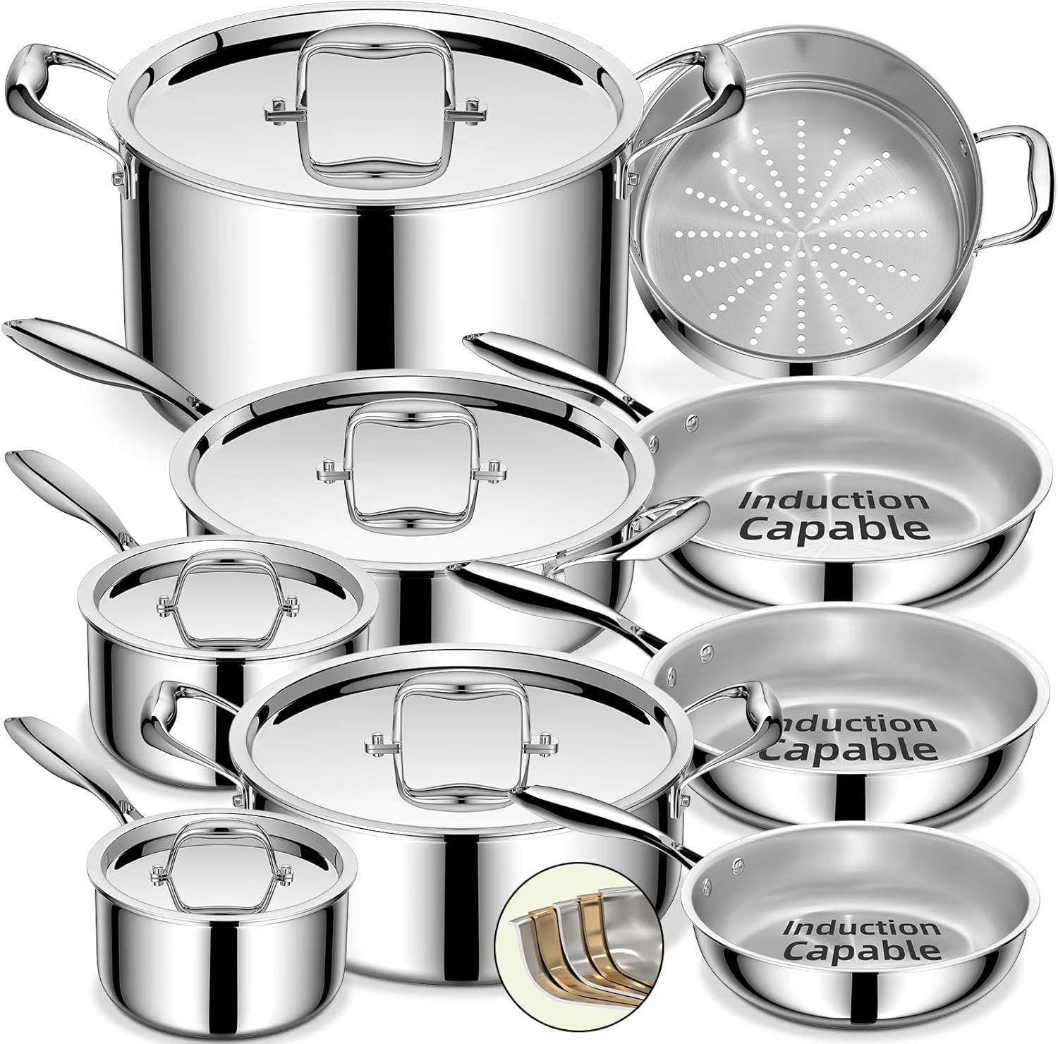 Stainless Steel Cookware Set, 5 Ply 14 Piece Stainless Steel Pot and Pan Set-Ind
