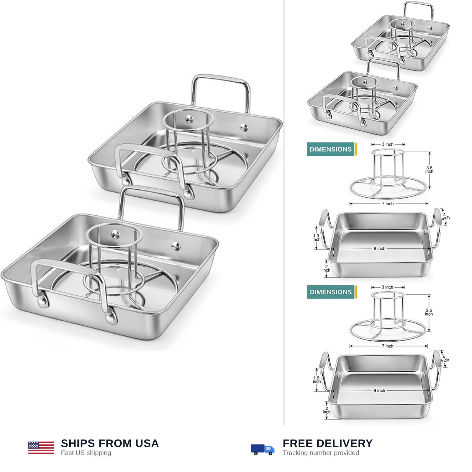 P&P CHEF Beer Can Chicken Holder with Roasting Pan Set, 9-inch Stainless Stee…