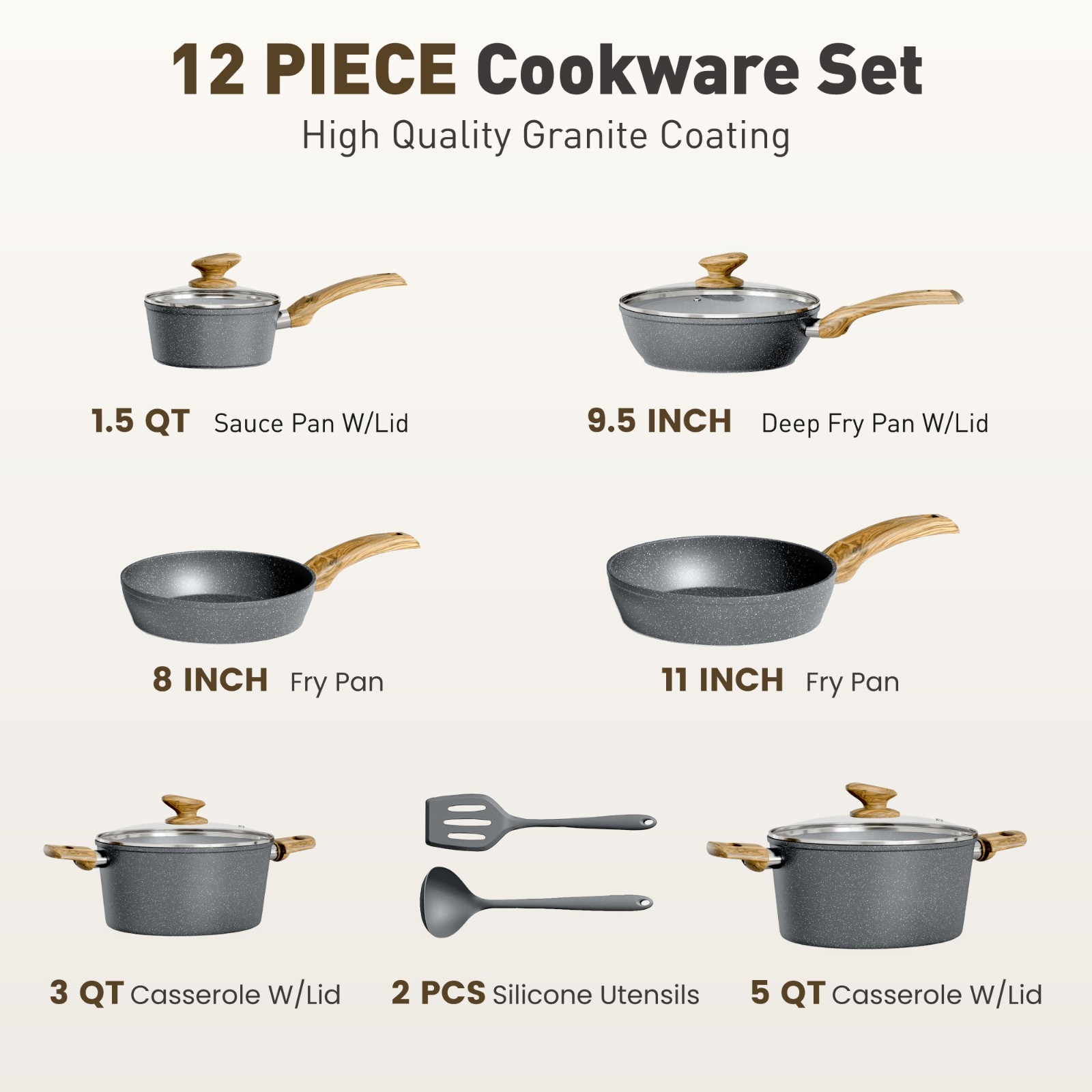 12 Pieces Pots & Pans Set Kitchen Nonstick Cookware Set Granite Coated with Lids