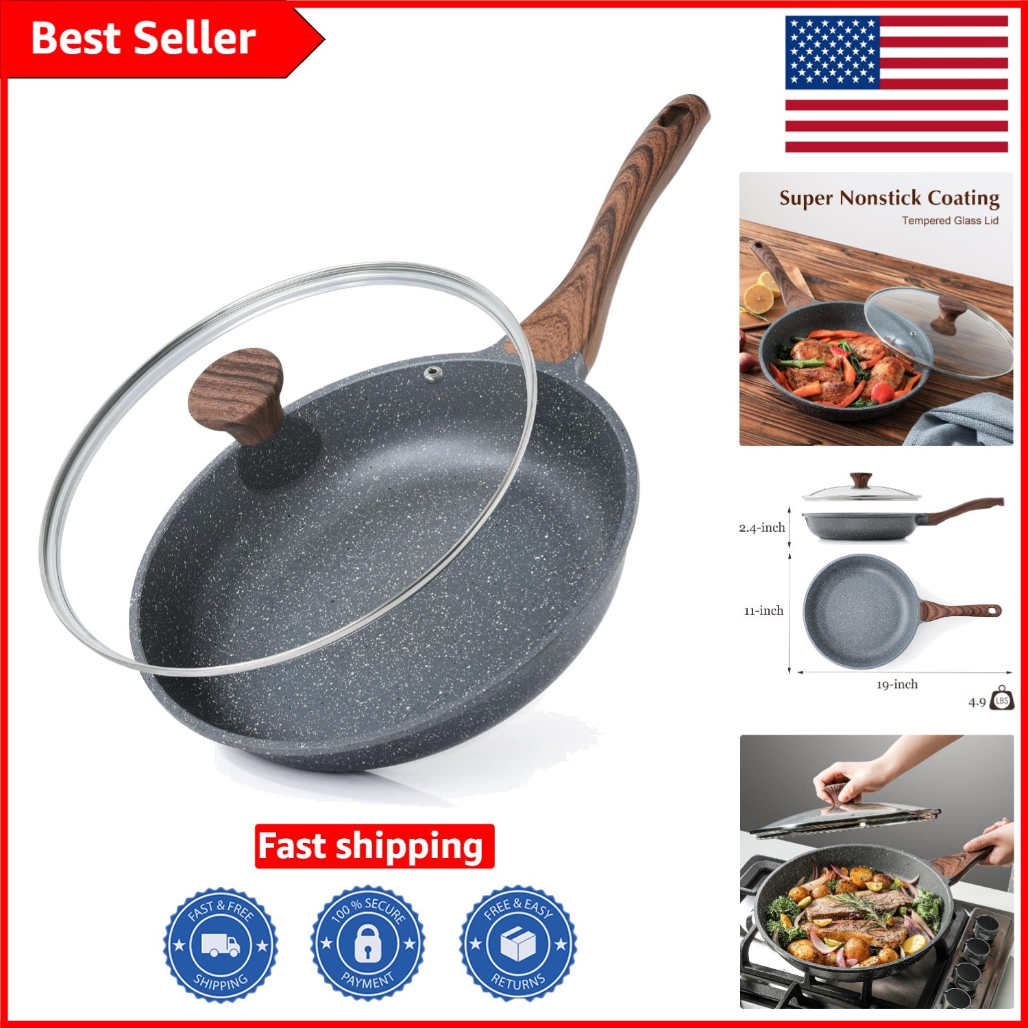 Cast Aluminum Nonstick Frying Pan with Glass Lid – 11 Inches for Easy Cooking