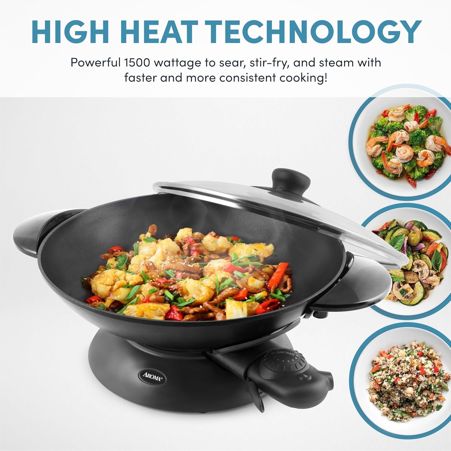 Aroma Housewares AEW-306 Electric Wok with Tempered Glass Lid Easy Clean Nonstic