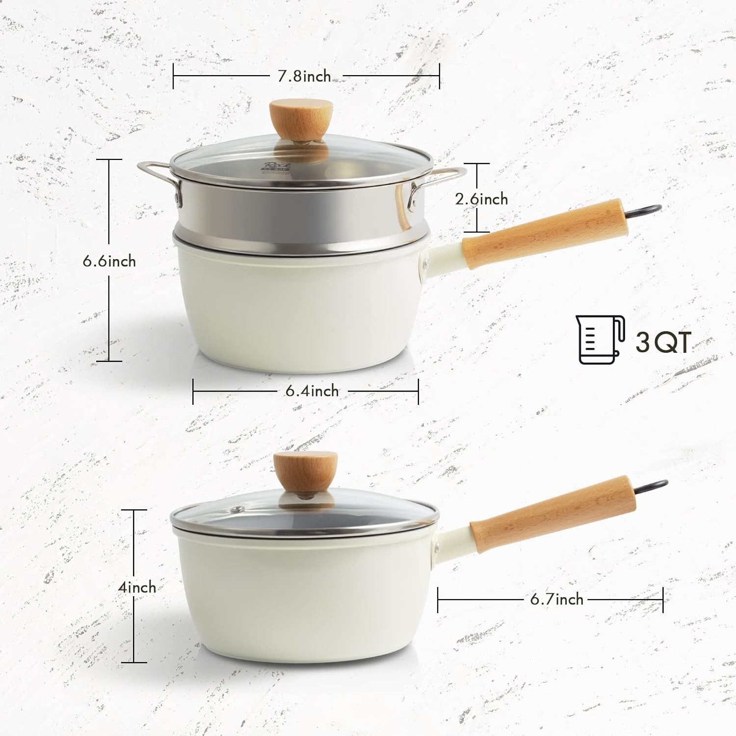 Ceramic Nonstick Sauce Pan, 3 QT Pot with Steamer, Wooden Handle, Universal Base