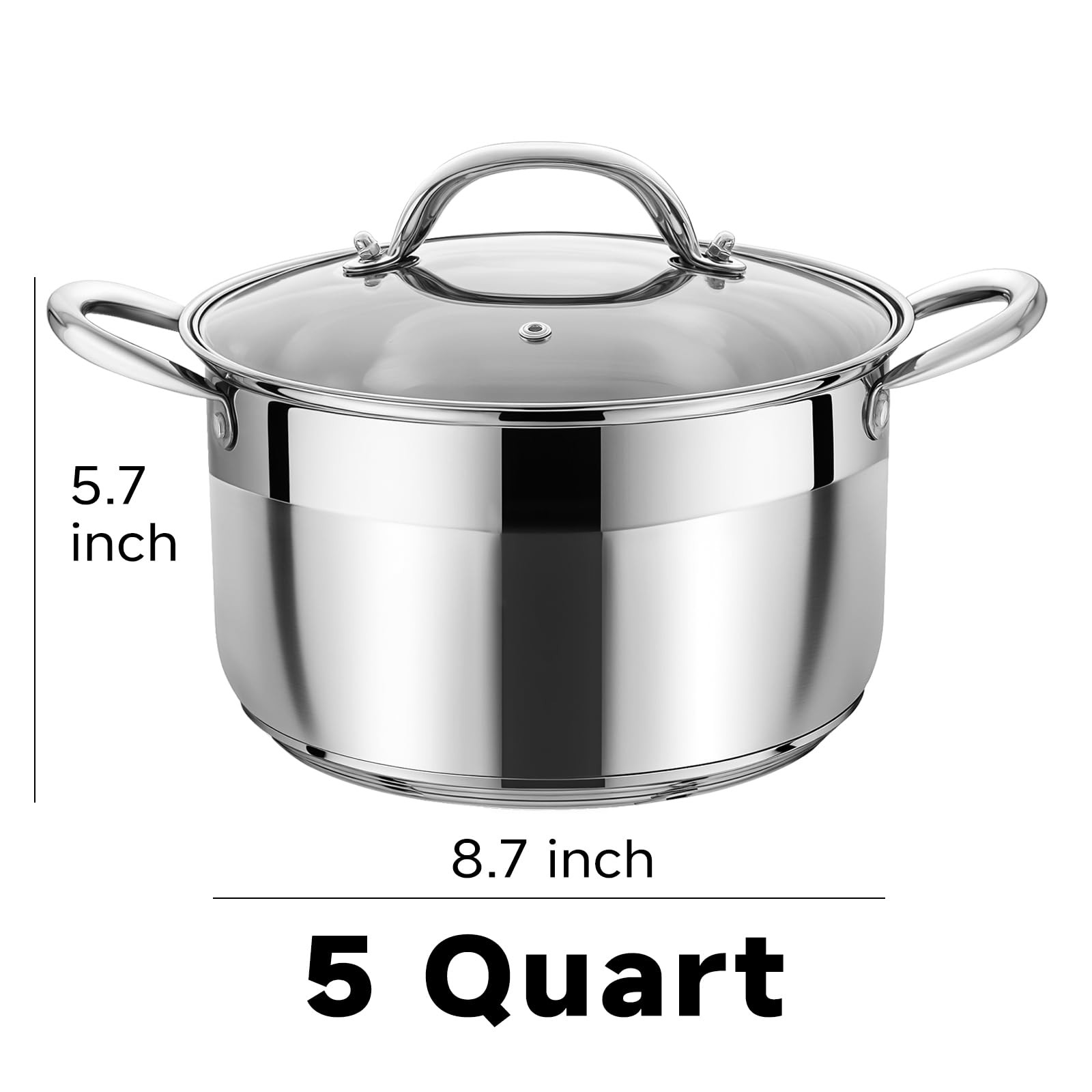 Stainless Steel Stock Pot – 5 Quart Heavy Duty Induction Cooking Pot with Vis…