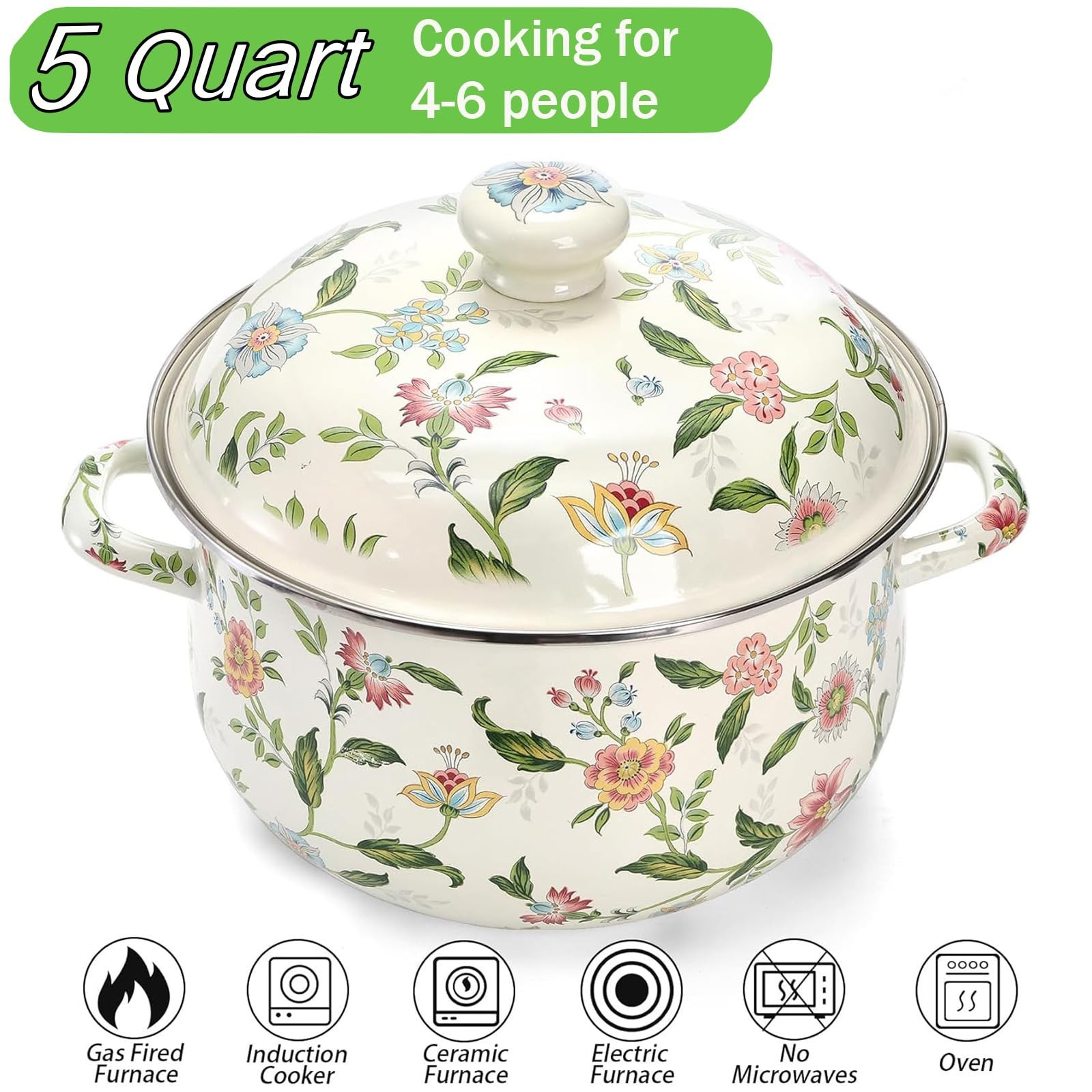 5 Quart Enamel Stockpot with Lid, Green Floral Enamelware Cooking Pot with Du…