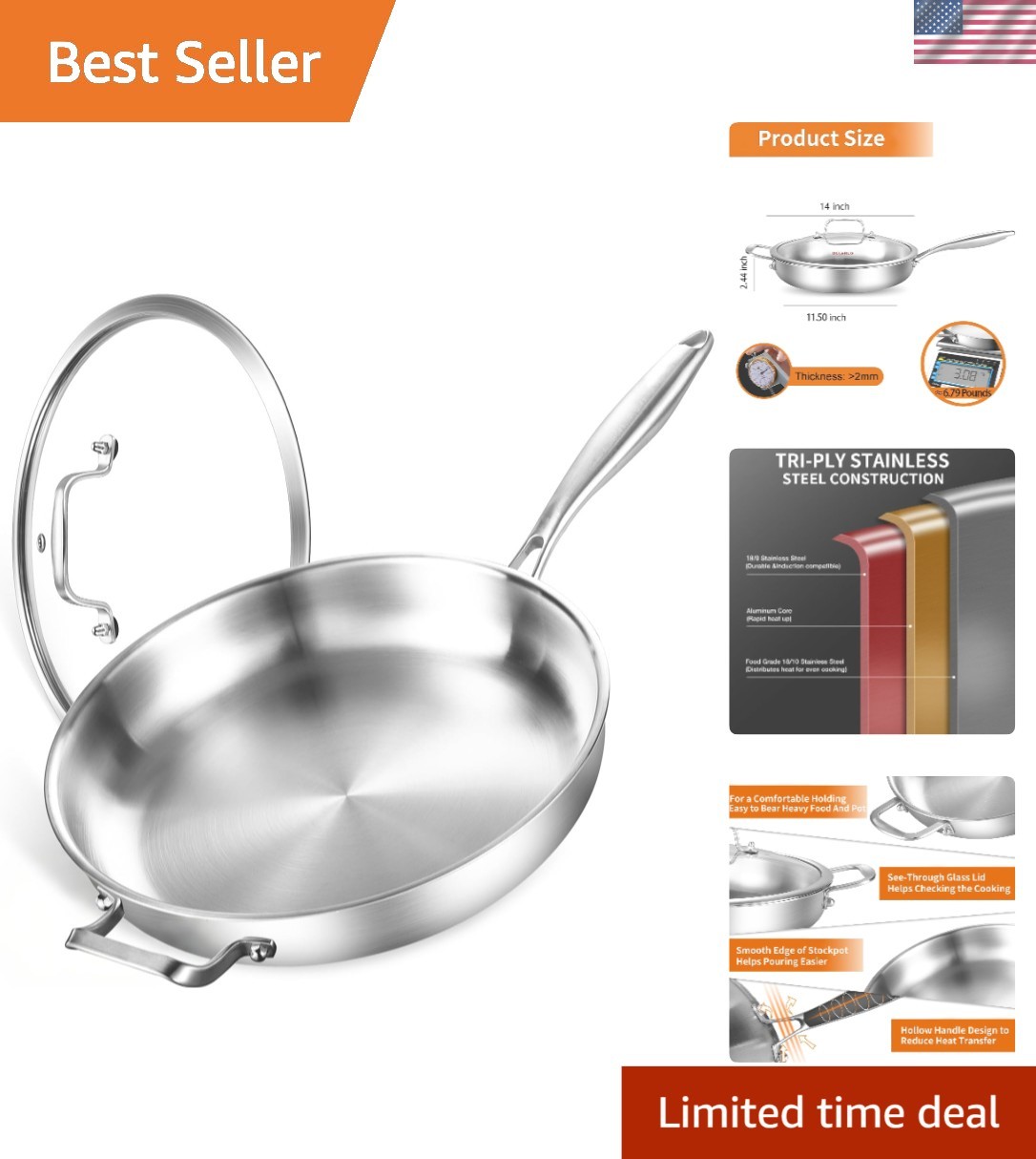 Versatile 14-Inch Heavy Duty Frying Pan with Lid – Perfect for Induction & Gas