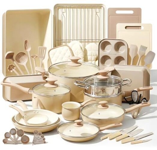 54-Piece Marble Non-Stick Cookware and Bakeware Set, 54pc Set Taupe Brown