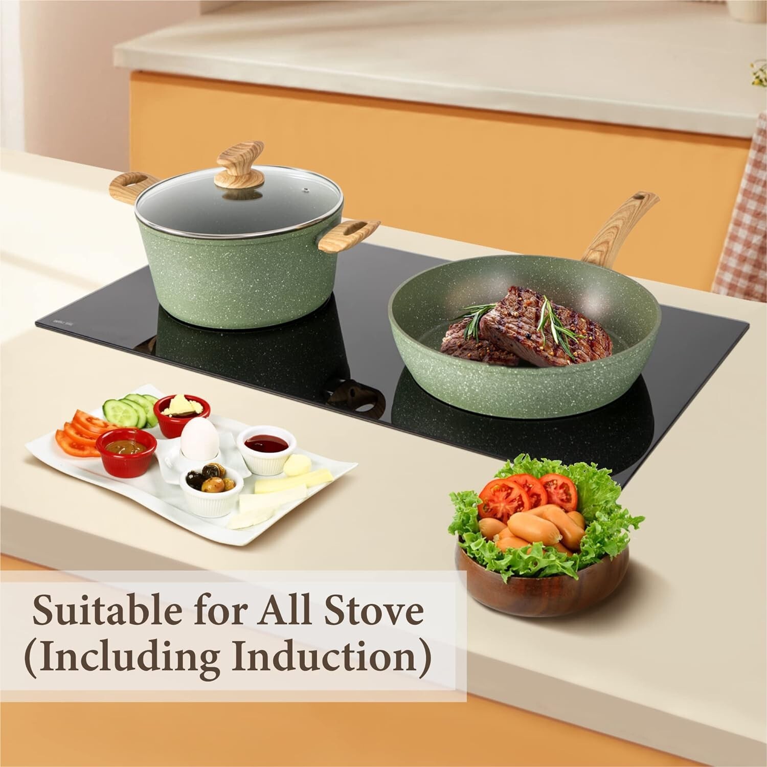 17 Piece Cookware Set Nonstick Granite Coated Pots and Pans Set Bakeware Green