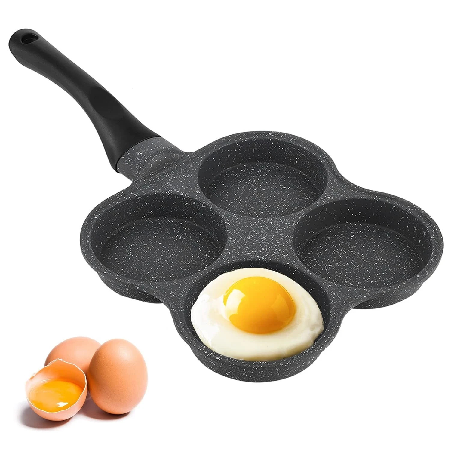 4 Hole Cup Egg Hamburger Pancake Maker Non-Stick Frying Pan with Wooden Handle