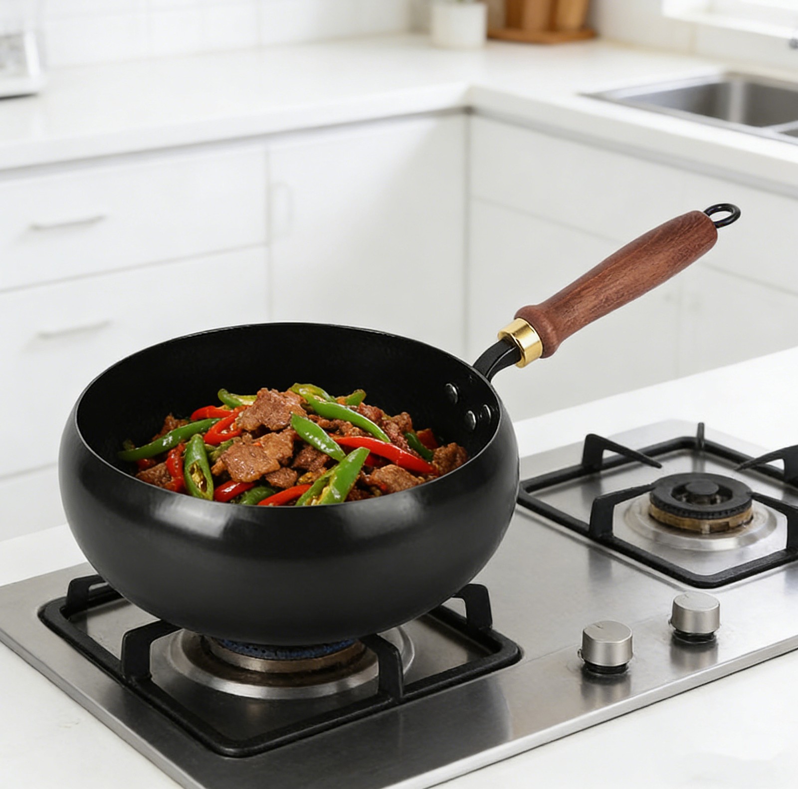 Iron Pan Uncoated Thick Iron Pot Quick Heating Wooden Handle for Gas Stoves 28cm