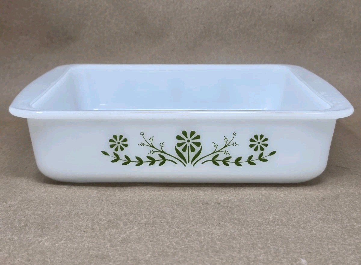 Vintage Glasbake Green “Crazy Daisy” Milk Glass 8” x 8” Square Casserole Dish