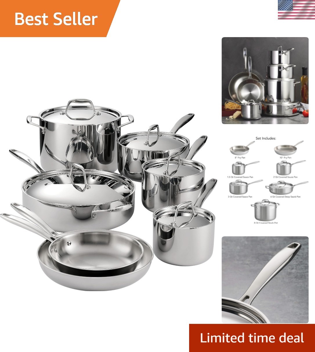 Signature Tri-Ply Clad Stainless Steel 12-Piece Cookware Set with Lids, Pots …
