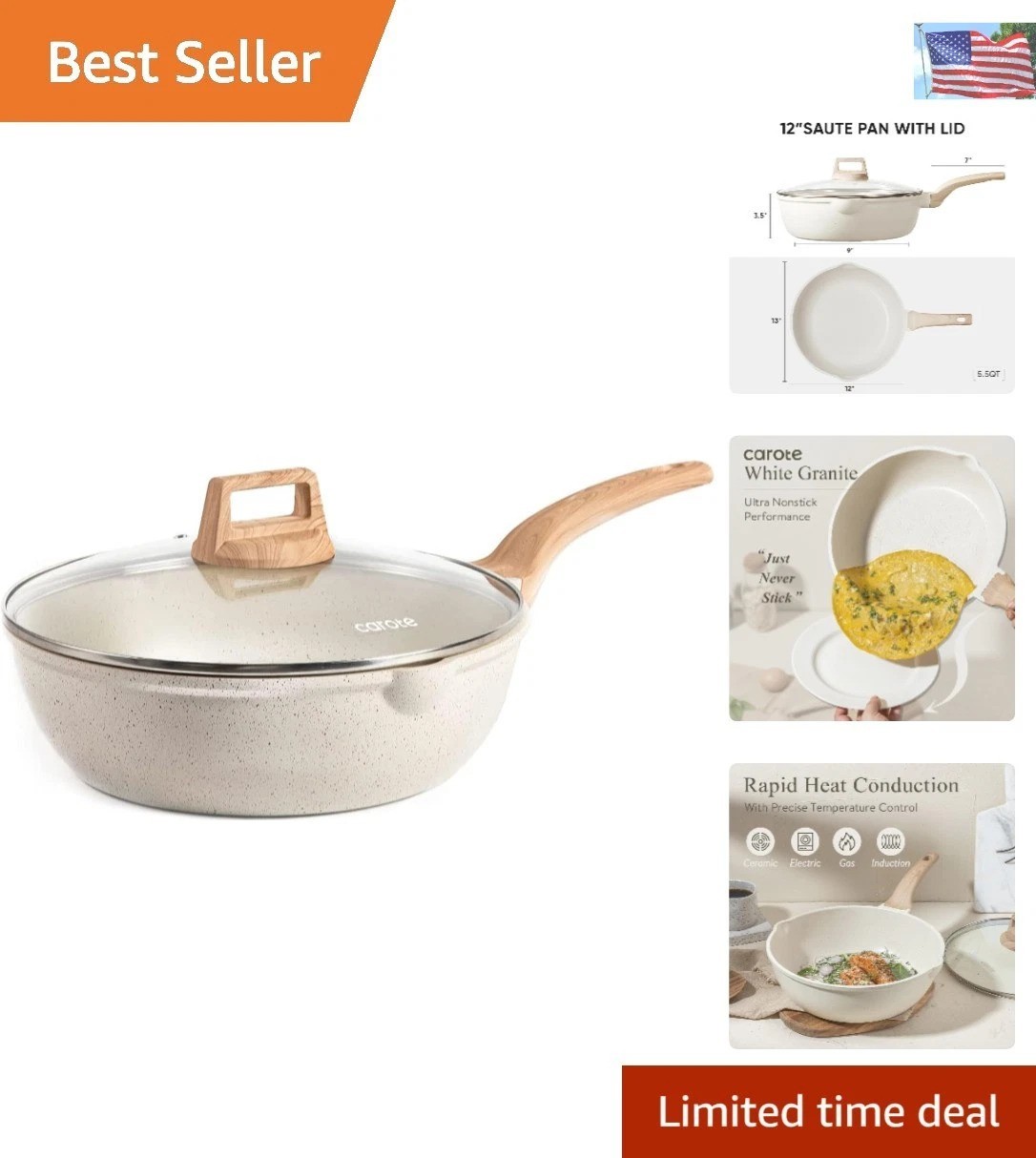 Ergonomic 12-Inch Nonstick Saute Pan with Lid – White Granite Cooking Essential