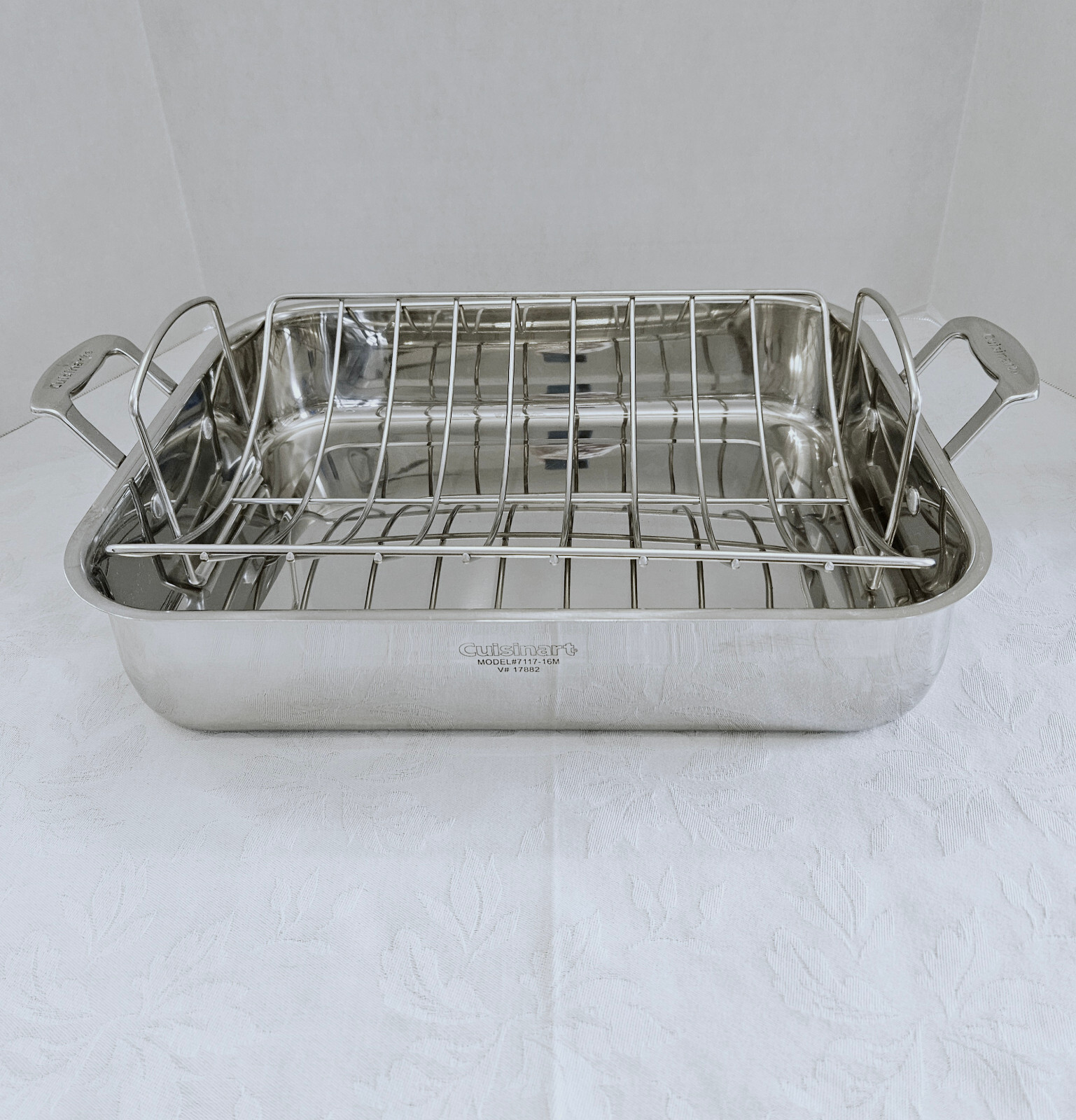LARGE CUISINART 16″ SS ROASTER RETANGULAR ROASTING PAN CHEF’S CLASSIC WITH RACK