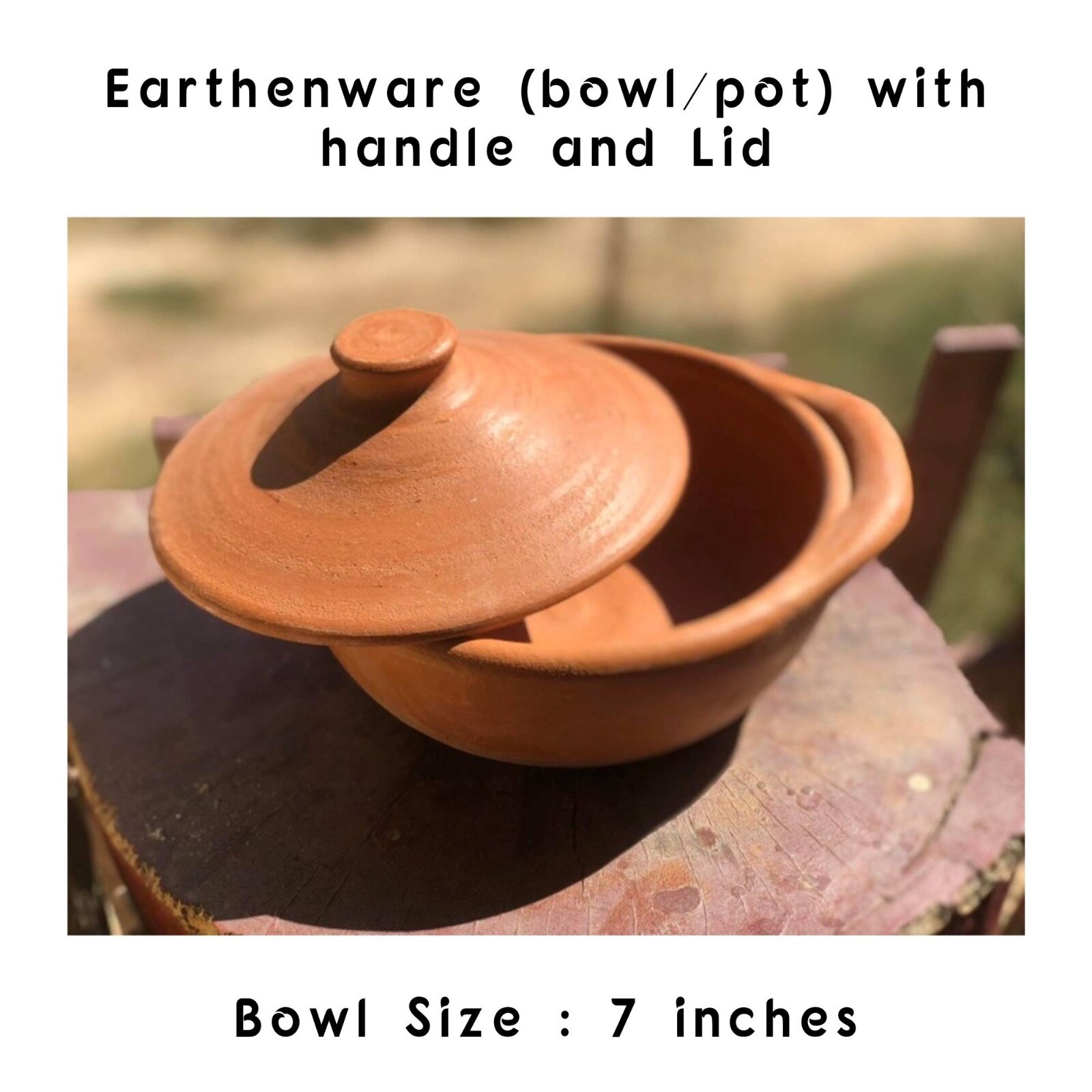 Thai antique handmade Earthenware bowl / pot with handler and Lid- 7 inches