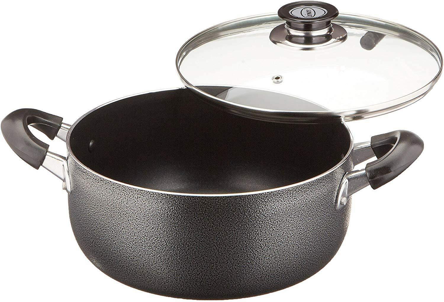 Non Stick Aluminum Cooking Sauce Pot With Vented Glass Lid 5 Quart, Black