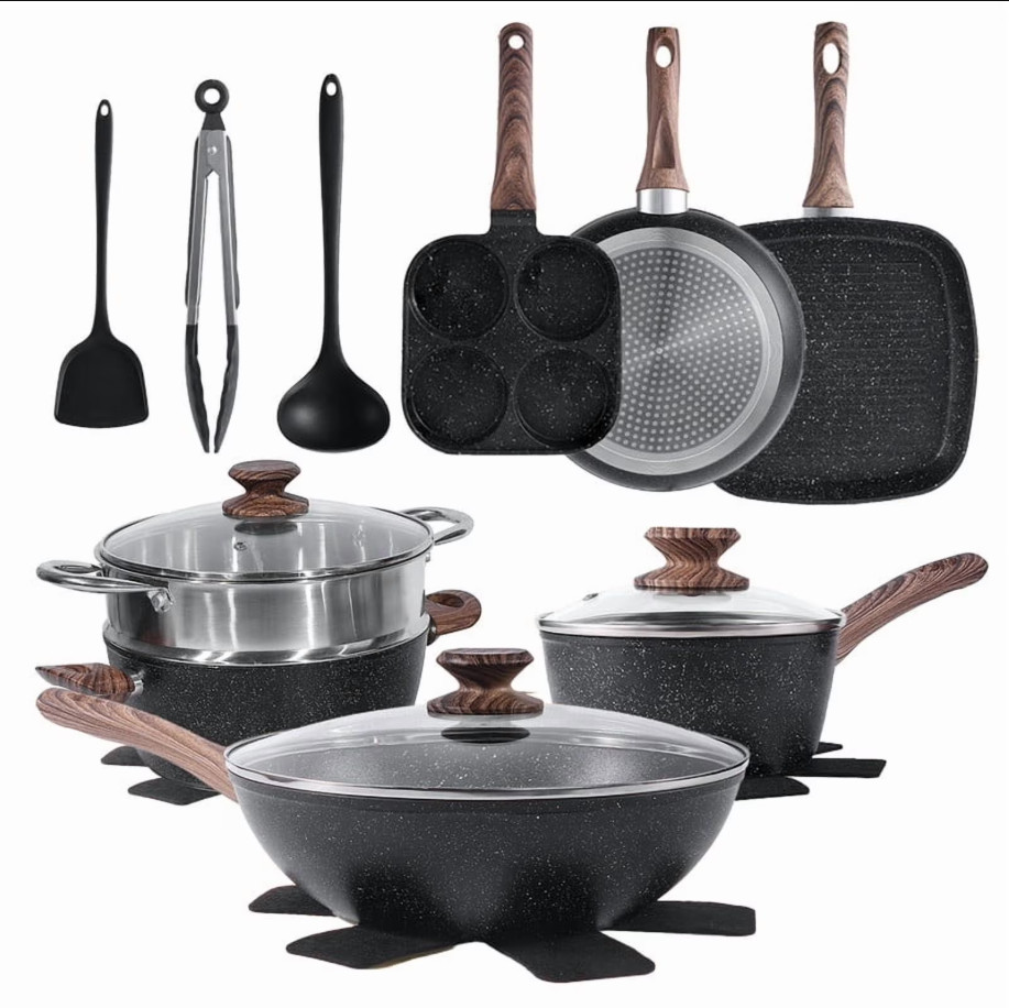 17 Pcs Non-Stick Pots and Pans, Stay-Cool Handles, Non-toxicx, Black