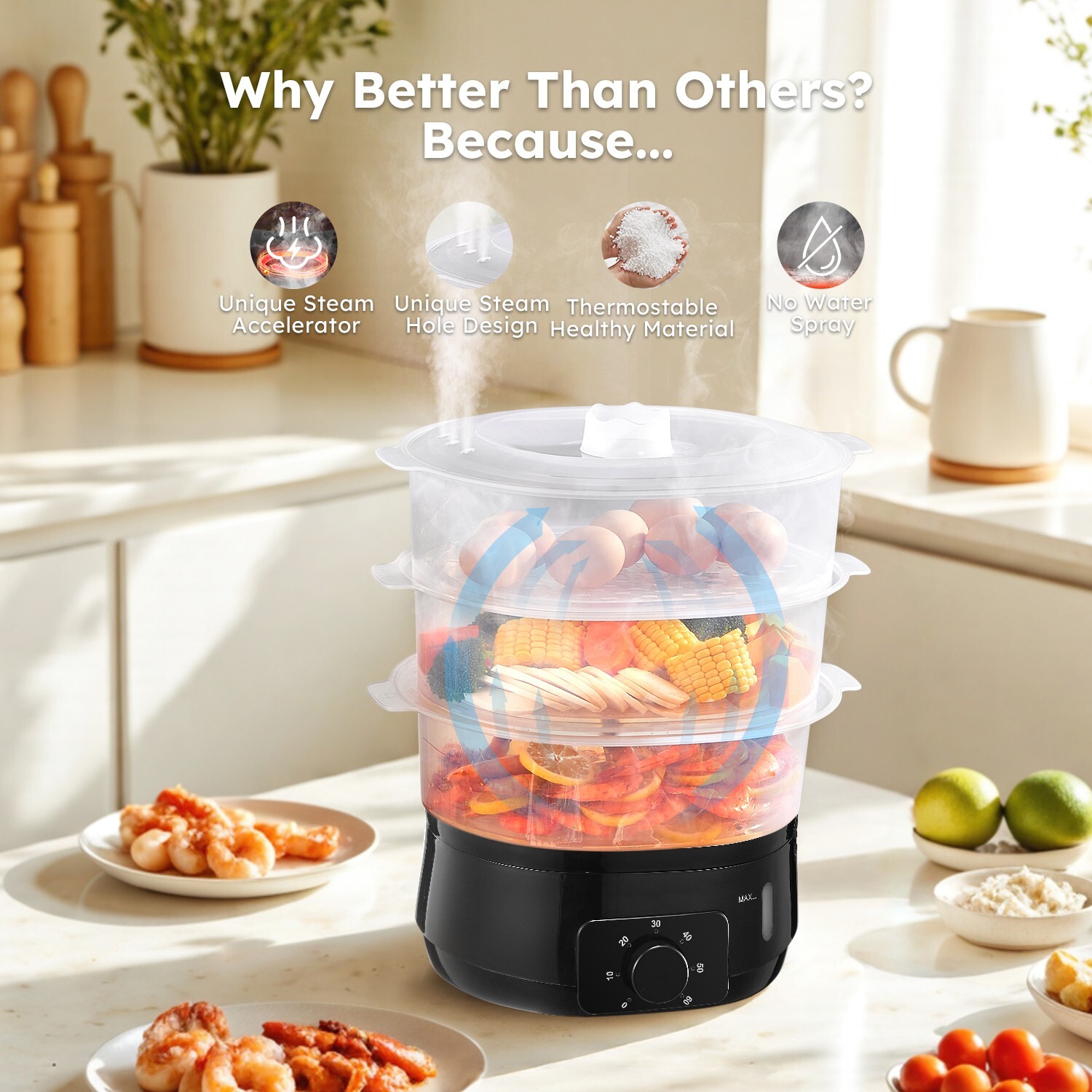 13.7QT Electric Steamer, 3-Tier , 800W, 60-Min Timer, for Veggies & Seafood