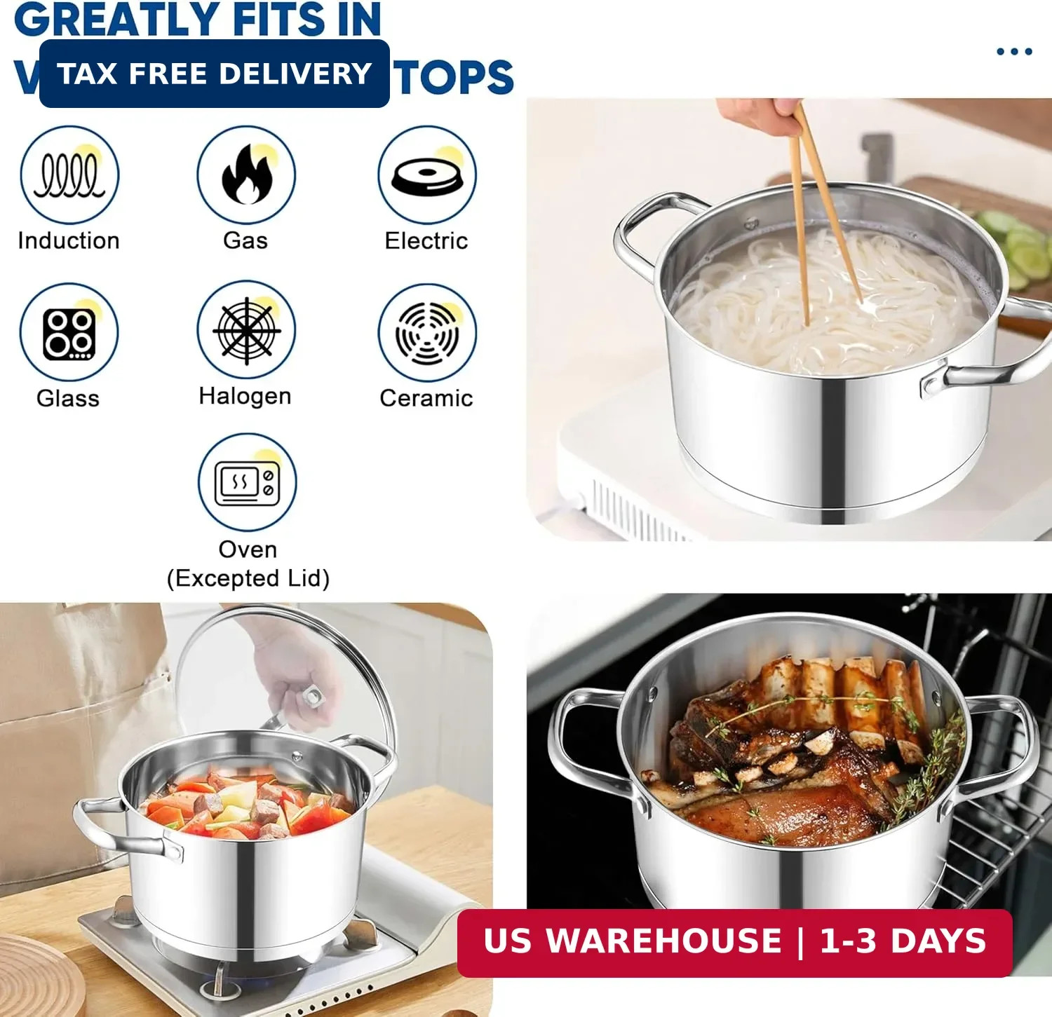 TeamFar 5 QT Stock Pot, Tri-ply Bottom Stainless Steel Stockpot Cooking Soup Pas