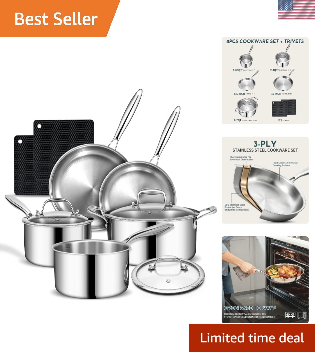 3 Ply Stainless Steel Cookware Set, 10-Pieces Pots and Pans Set, Induction Ki…