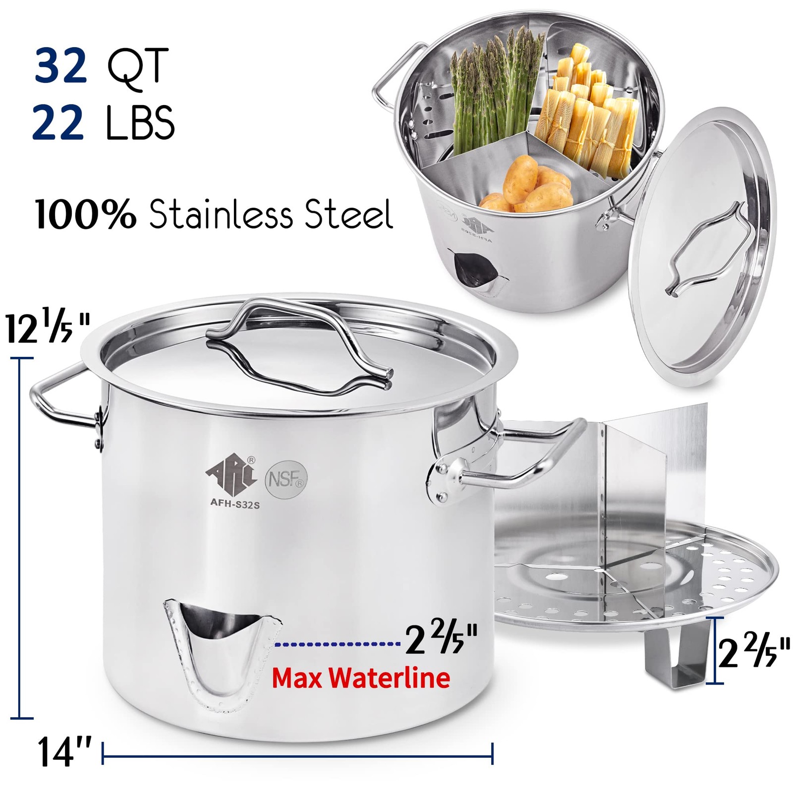 ARC 32QT Stainless Steel Tamale Steamer Pot w/Easy-fill Water Spout, Seafood …