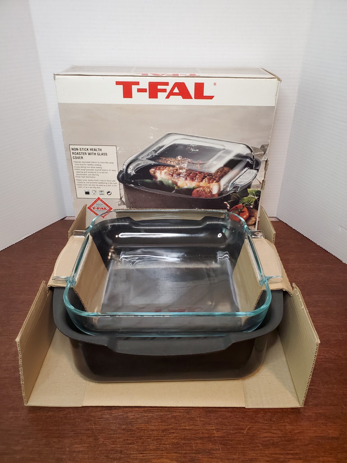 T-Fal Non-Stick 9 3/4″ x 9 3/4″ Square Enamel Health Roaster w/ Glass Cover EUC!