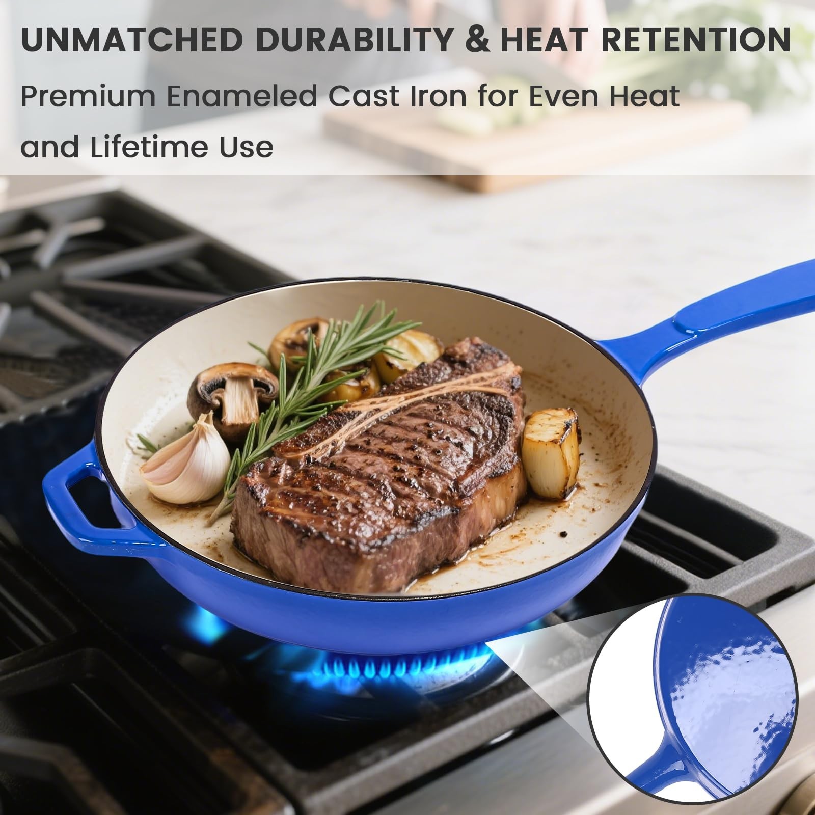Enameled Cast Iron Skillet Set 8 9.5 11.5 Fry Pan Ceramic Coated Cobalt Blue