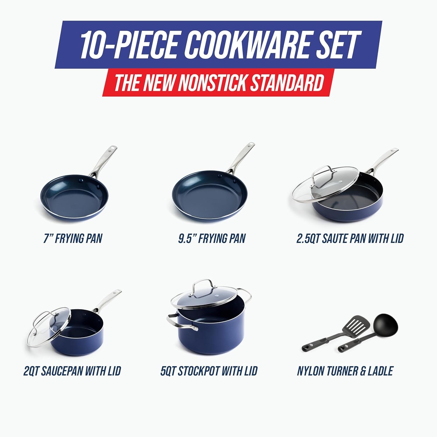 Blue Diamond 10 Piece Nonstick Cookware Set, Diamond Ceramic Pots & Pans, Dishwa