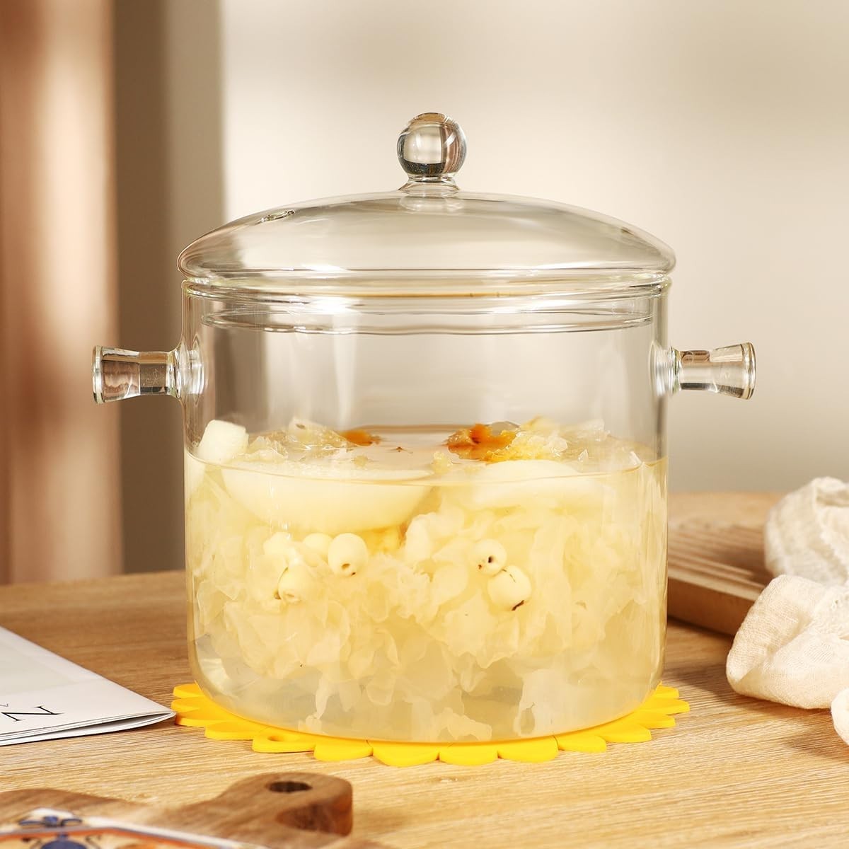 Glass Cooking Pot with Lid Brush and Hot Pads 3L Borosilicate Stovetop Pan