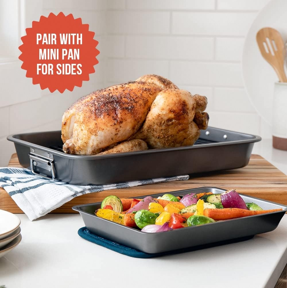 Chef Pomodoro Nonstick Roasting Pan with Rack Turkey Pan Grey