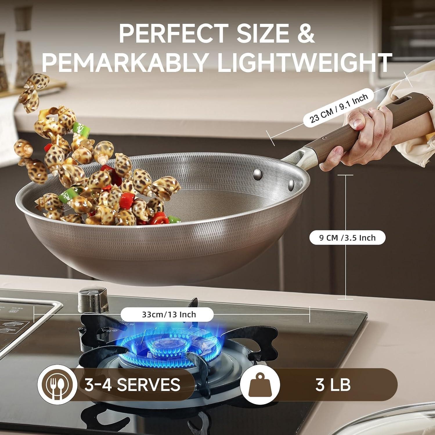 13″ Titanium Wok Pan with Lid,Non-stick Flat Bottom Titanium | PFAS & PFOA