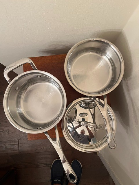 Le Creuset Stainless Steel Cookware 2 Handled Pots & 1 Lid 2 & 1.5 Qts. 3 Pieces