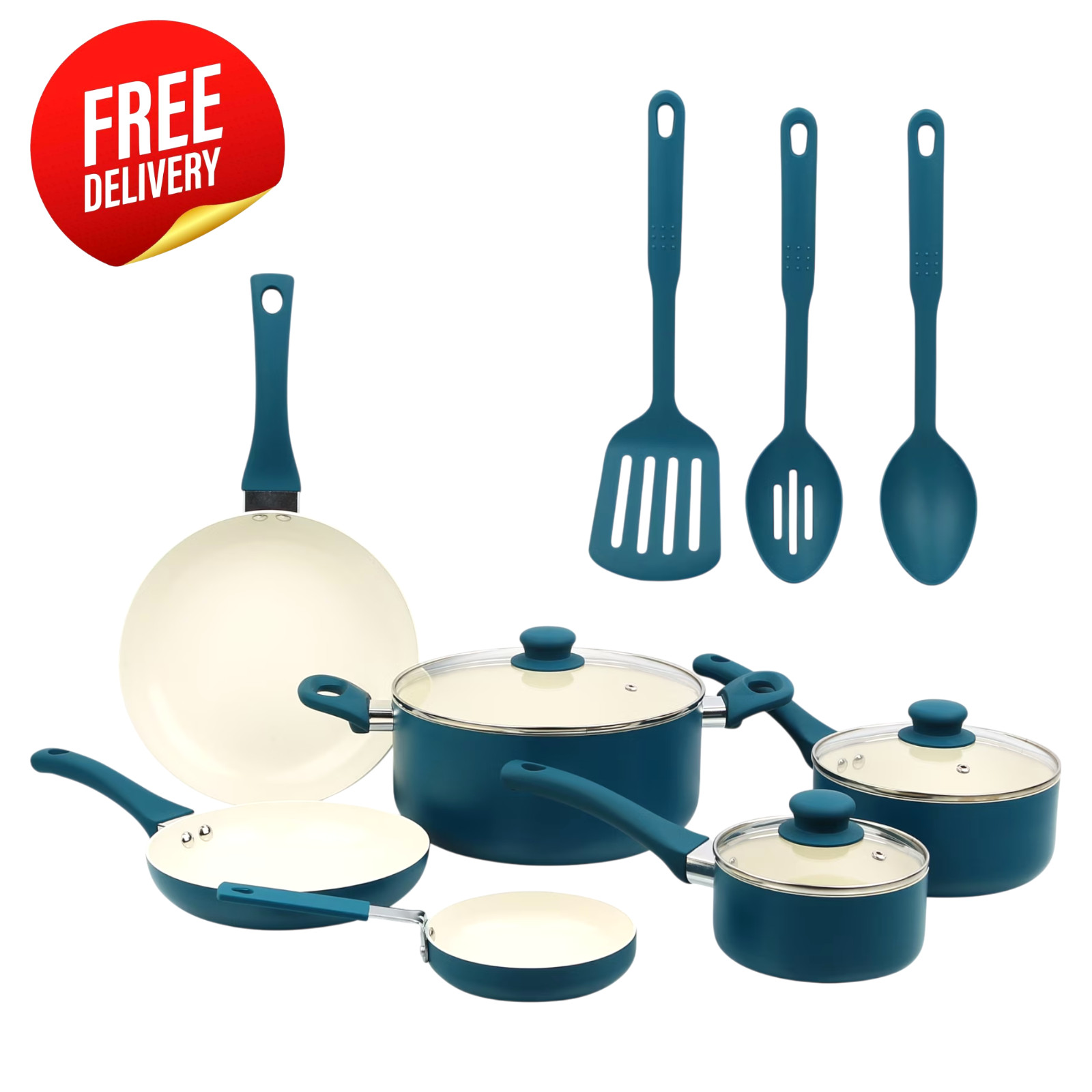 12 Piece Ceramic Nonstick Cookware Set Blue Aluminum Pots and Pans