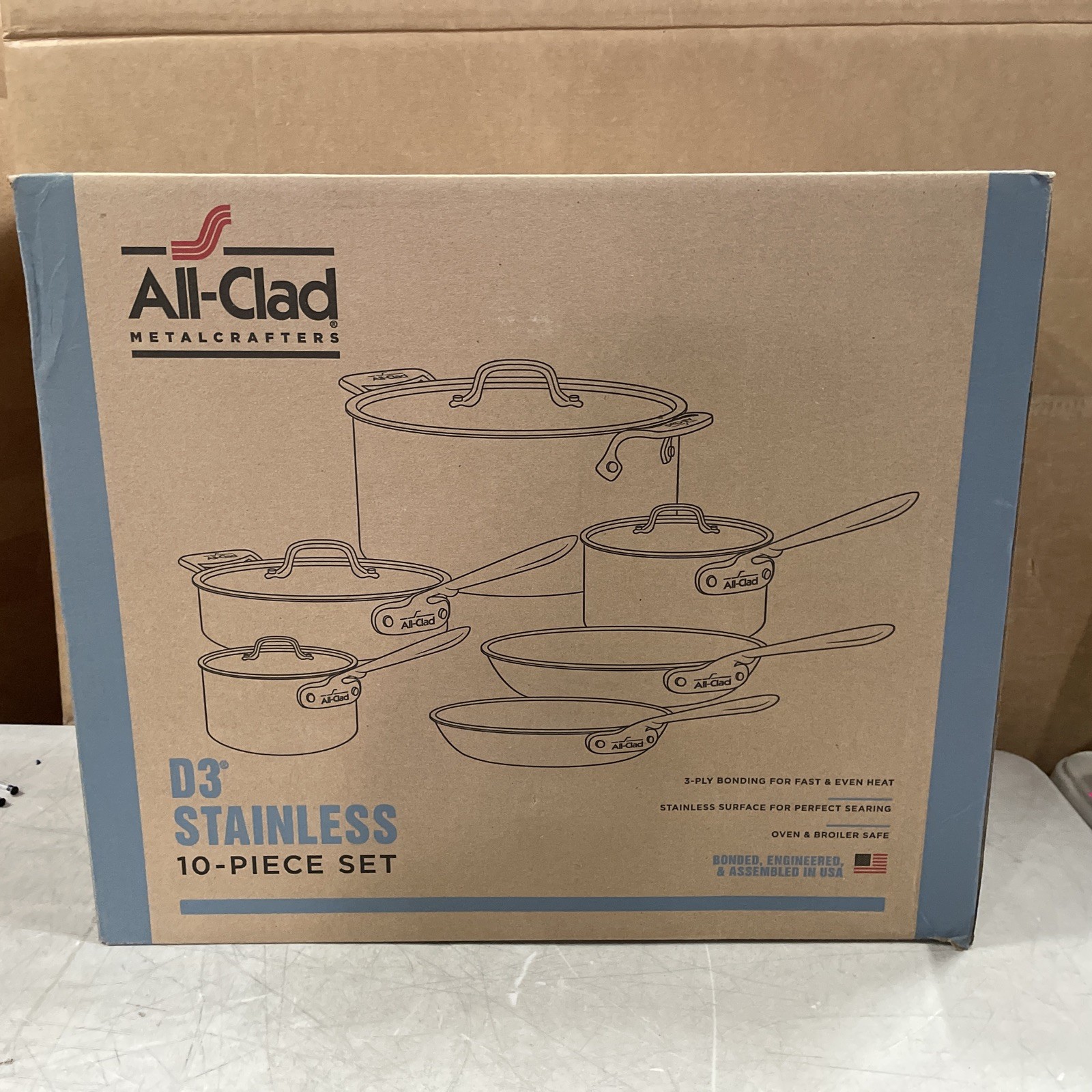 NEW All-Clad D3 10-Piece Stainless Steel Cookware Set 3-Ply Induction Oven Safe