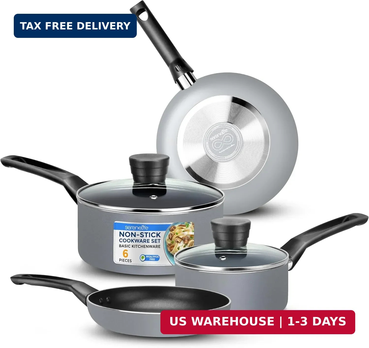 SereneLife Kitchenware Pots and Pans Set, Basic Kitchen Nonstick Cookware Set, H