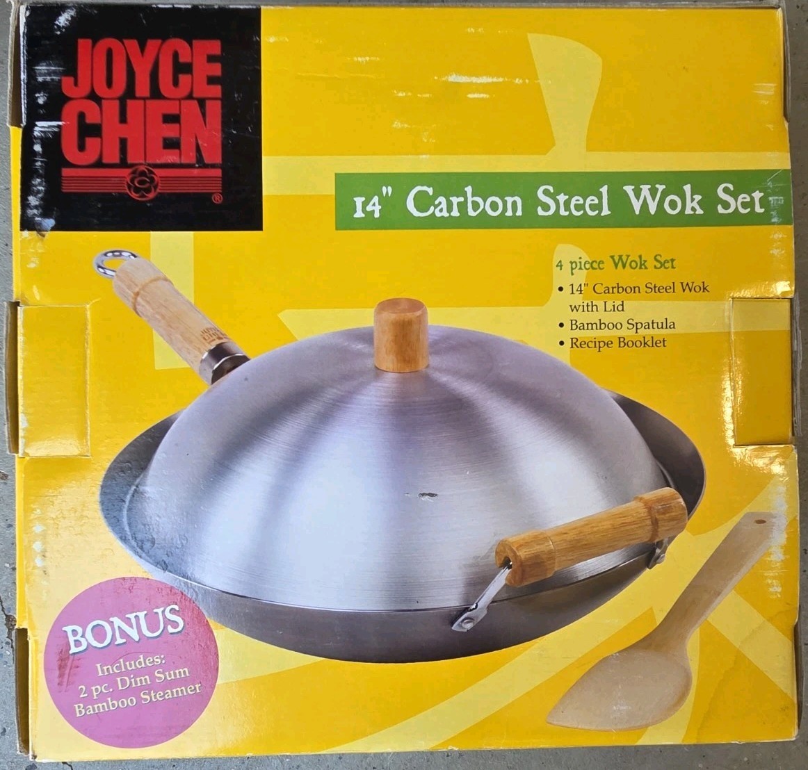 JOYCE CHEN Classic 14-Inch Carbon Steel Wok Set with Lid & Birch Handle 4 Pieces