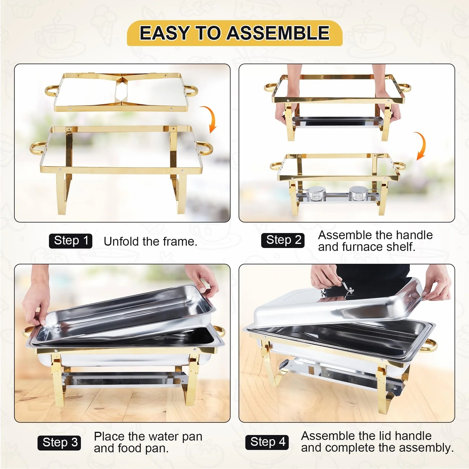 4-Pack Chafing Dish Buffet Set 8QT Stainless Steel Foldable Frame For Party Home