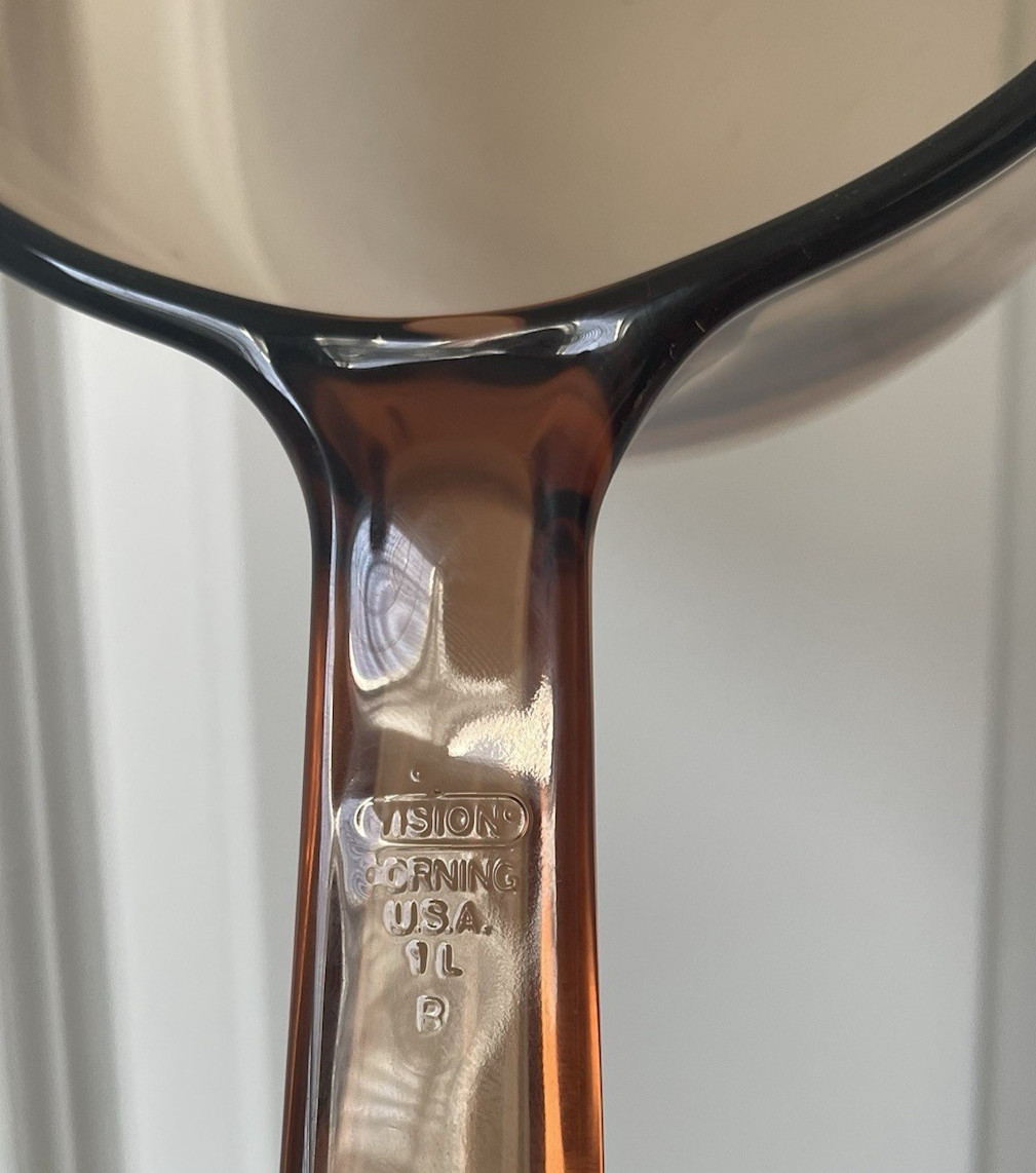 Vintage Pyrex Corning Vision Ware Amber 1L Glass Cooking Pot Spout Lid – USA
