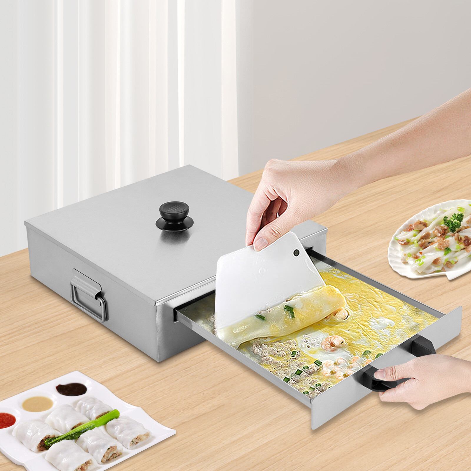 Silver Kitchen Stainless Steel Rice Noodle Roll Machine Food Steamer W/Trays&Lid