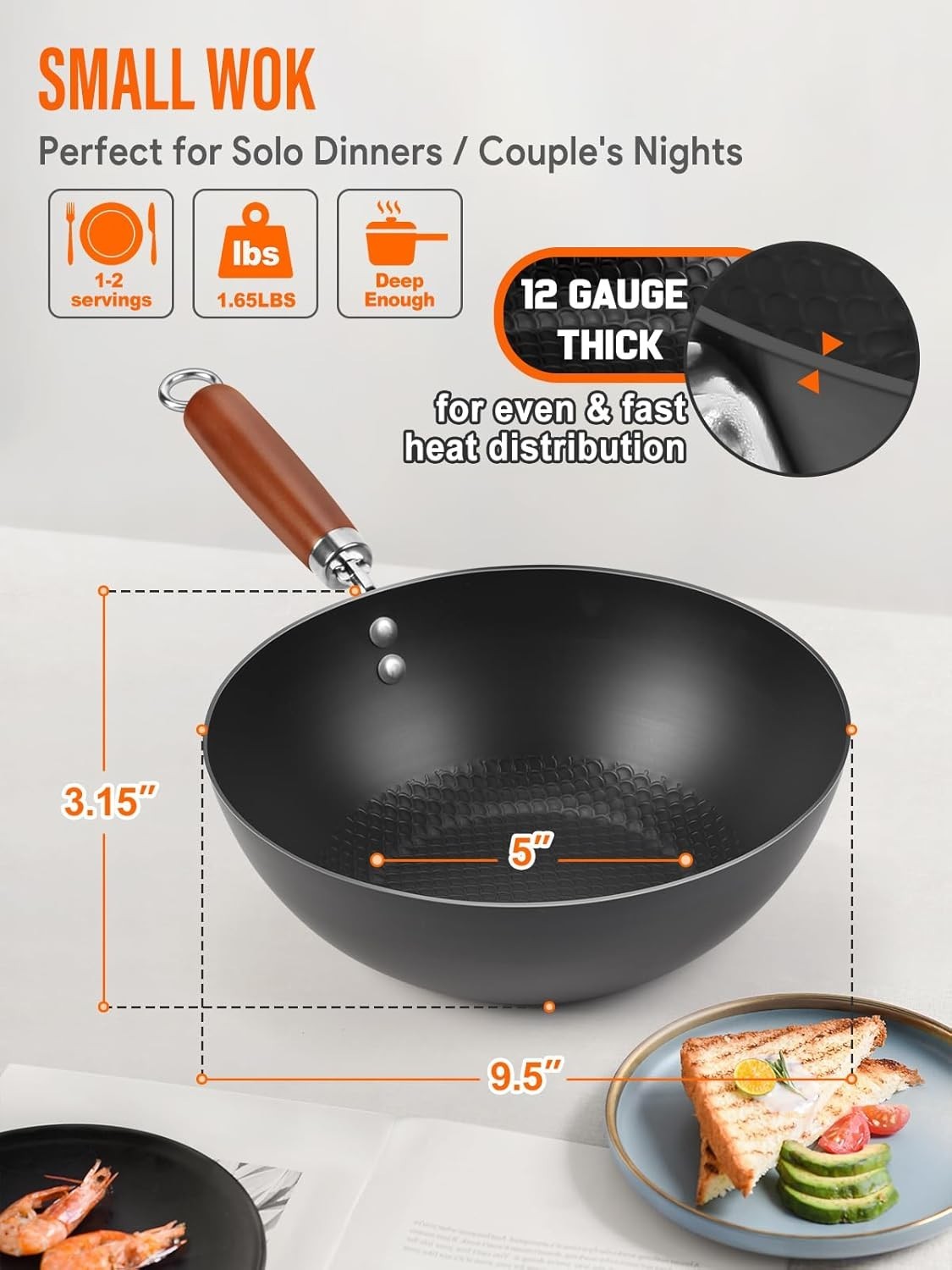 Carbon Steel Wok Pan 9.5″Authentic Chinese & Stir-Fry Pans Set with Glass Lid