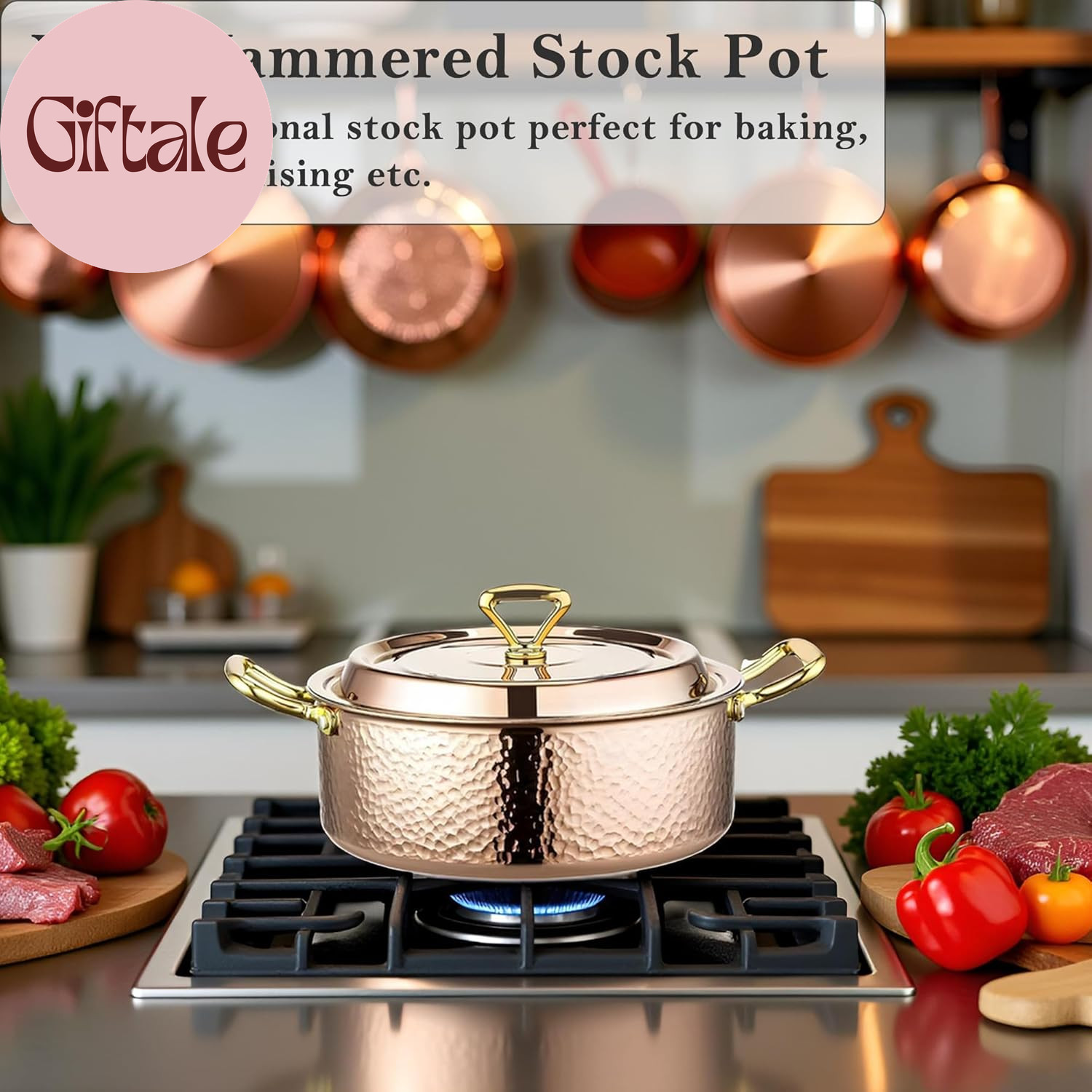 4.2QT Hammered Stock Pot with Lid, Copper Rose Gold, Tri-Ply Stainless Steel, Mu