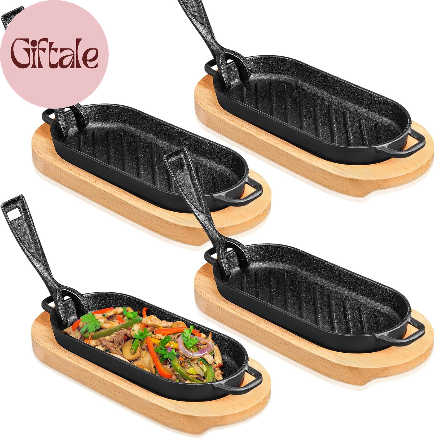 4 Pcs Cast Iron Fajita Skillet Pan Set Sizzling Steak Plate with Wooden Base and