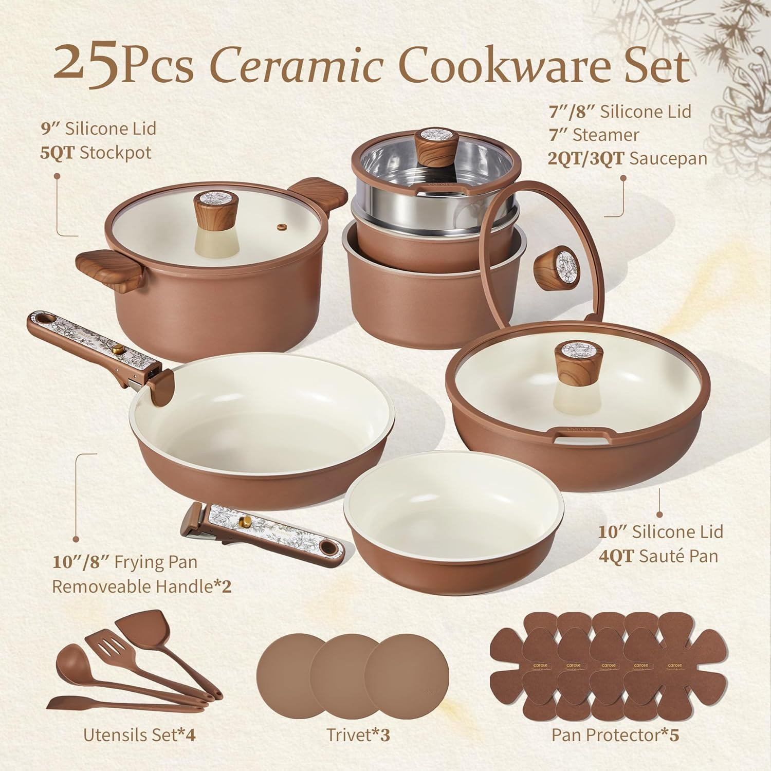 25-Piece Nonstick Ceramic Cookware Set, Induction Compatible, Chocolate