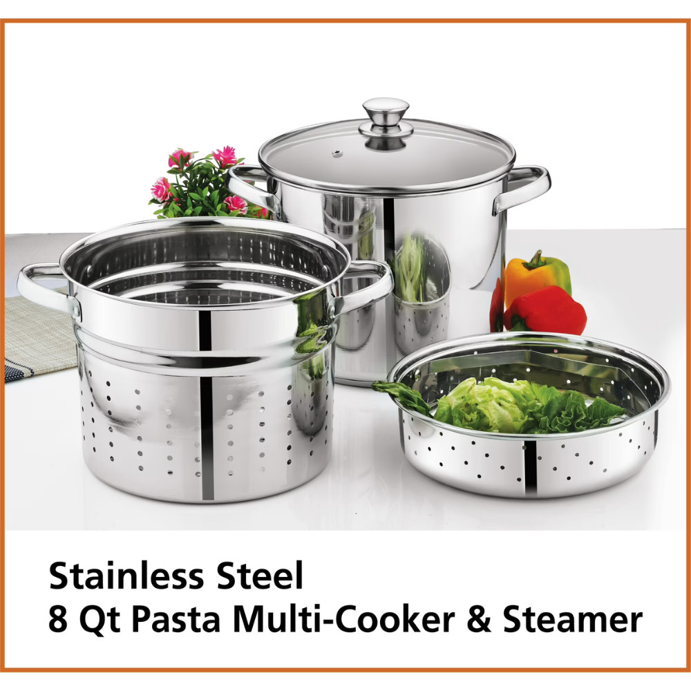 Mainstays 8 Qt Stainless Steel Multi-Cooker, 4 Piece Pasta Pot Steamer Basket