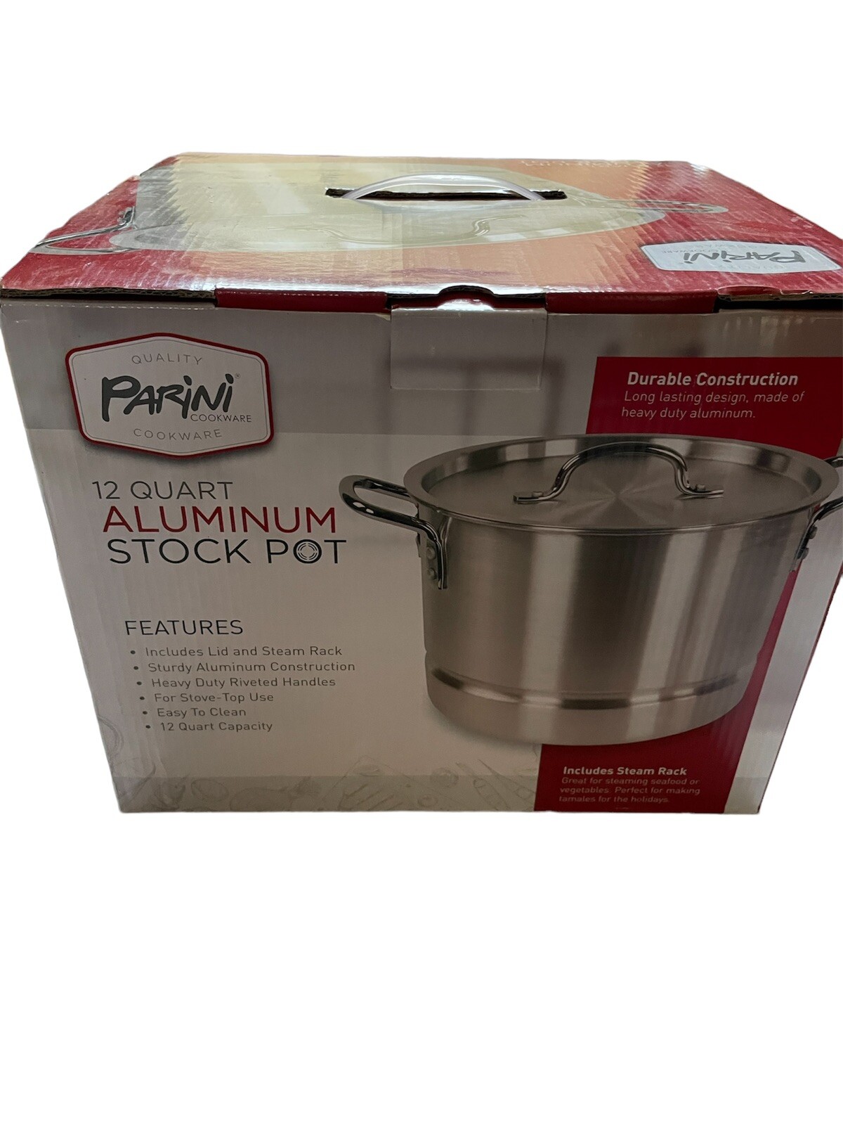 Parini Cookware 12 Quart Aluminum Stock Pot W/ Lid And Steamer Rack New