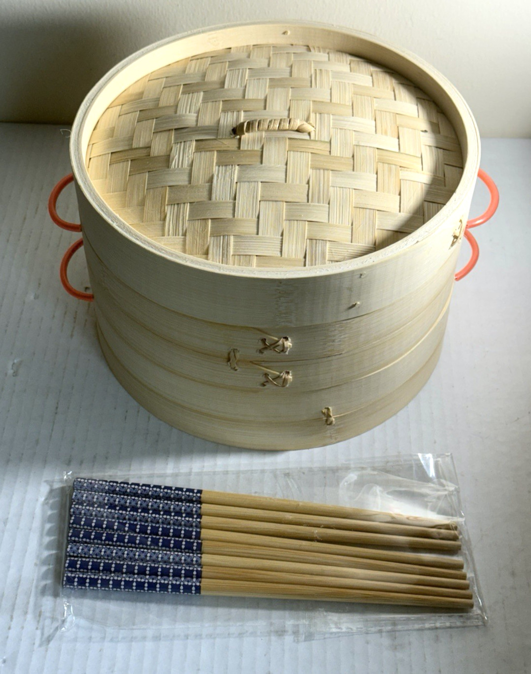 Oriental Style Bamboo Steamer Traditional Natural Stackable 2 Tiered 8″ NEW In B